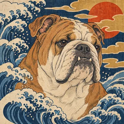 A Bulldog drawn in our Woodblock print style