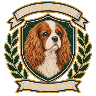 A Cavalier King Charles Spaniel drawn in our Varsity crest style