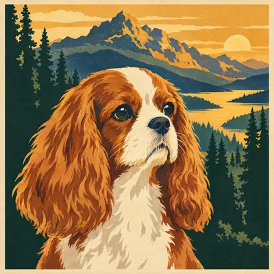 A Cavalier King Charles Spaniel drawn in our National park poster style