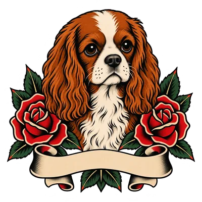 A Cavalier King Charles Spaniel drawn in our Tattoo flash style