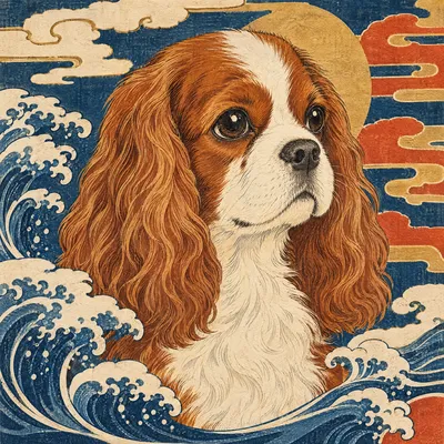 A Cavalier King Charles Spaniel drawn in our Woodblock print style