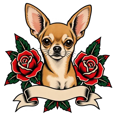 A Chihuahua drawn in our Tattoo flash style