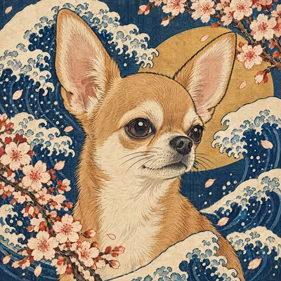 A Chihuahua drawn in our Woodblock print style