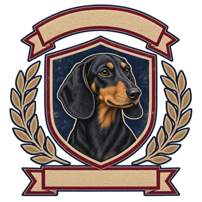 A Dachshund drawn in our Varsity crest style