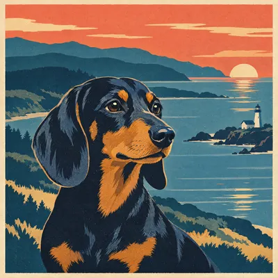 A Dachshund drawn in our National park poster style