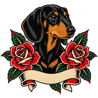 A Dachshund drawn in our Tattoo flash style