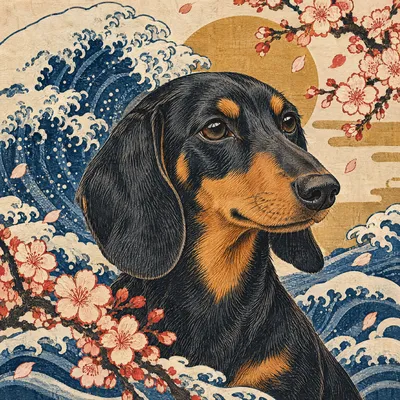 A Dachshund drawn in our Woodblock print style