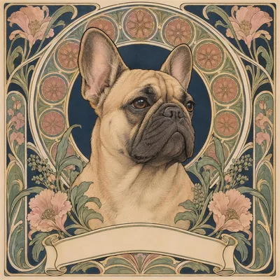 A French Bulldog drawn in our Art nouveau style