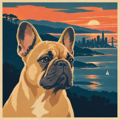 A French Bulldog drawn in our National park poster style