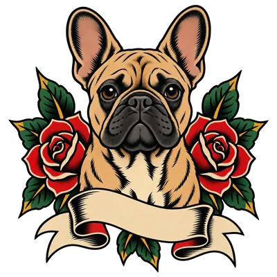 A French Bulldog drawn in our Tattoo flash style