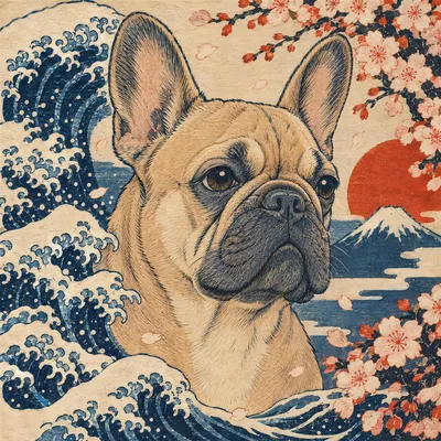 A French Bulldog drawn in our Woodblock print style