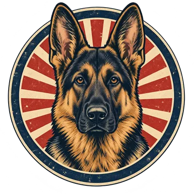 A German Shepherd drawn in our Retro badge style