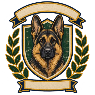 A German Shepherd drawn in our Varsity crest style
