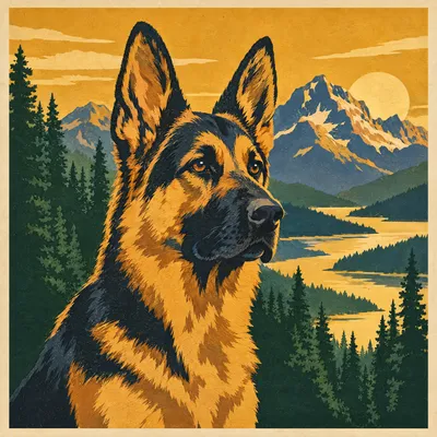 A German Shepherd drawn in our National park poster style