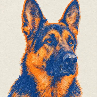 A German Shepherd drawn in our Risograph print style
