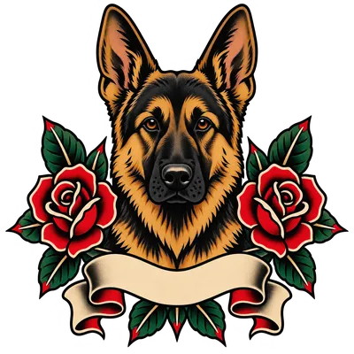 A German Shepherd drawn in our Tattoo flash style