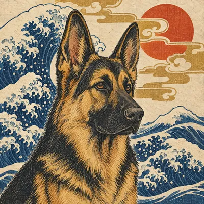A German Shepherd drawn in our Woodblock print style