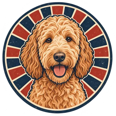 A Goldendoodle drawn in our Retro badge style