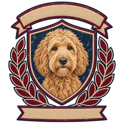 A Goldendoodle drawn in our Varsity crest style