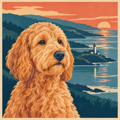 A Goldendoodle drawn in our National park poster style