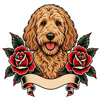 A Goldendoodle drawn in our Tattoo flash style