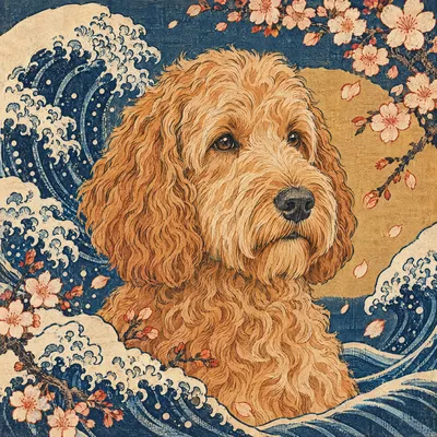 A Goldendoodle drawn in our Woodblock print style