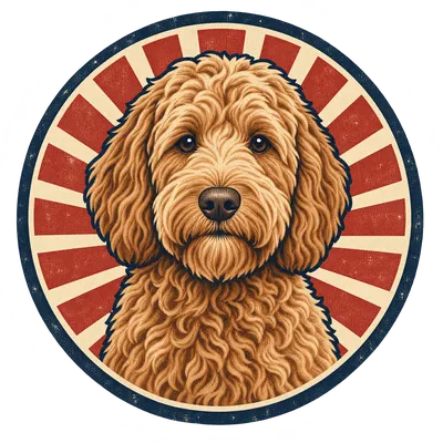 A Labradoodle drawn in our Retro badge style