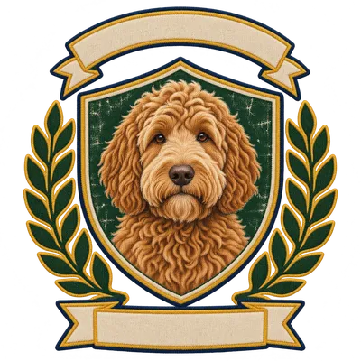 A Labradoodle drawn in our Varsity crest style