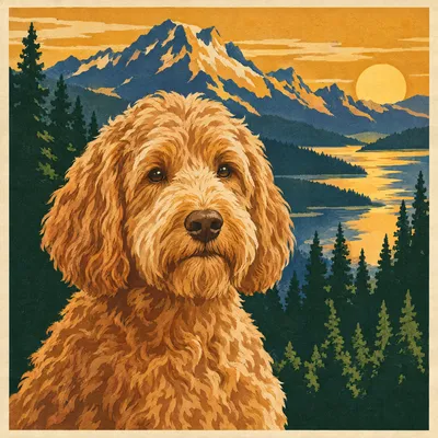 A Labradoodle drawn in our National park poster style