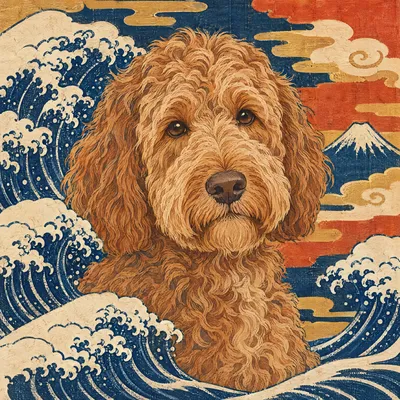 A Labradoodle drawn in our Woodblock print style