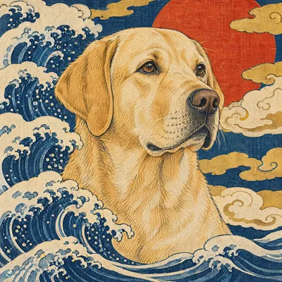 A Labrador Retriever drawn in our Woodblock print style