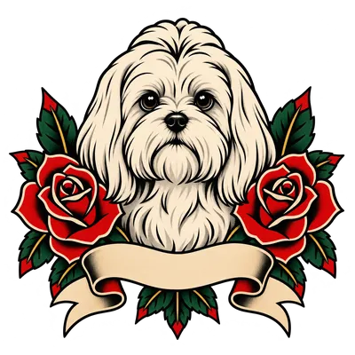 A Maltese drawn in our Tattoo flash style