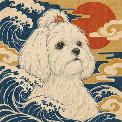 A Maltese drawn in our Woodblock print style