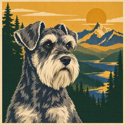 A Miniature Schnauzer drawn in our National park poster style