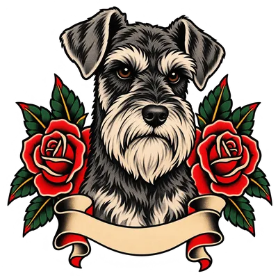 A Miniature Schnauzer drawn in our Tattoo flash style