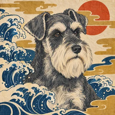 A Miniature Schnauzer drawn in our Woodblock print style
