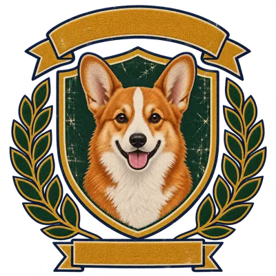 A Pembroke Welsh Corgi drawn in our Varsity crest style