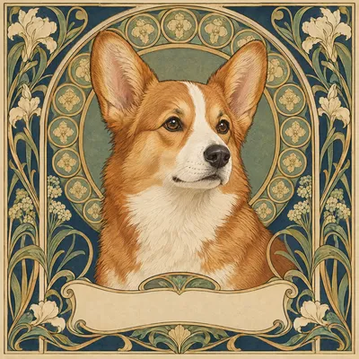 A Pembroke Welsh Corgi drawn in our Art nouveau style