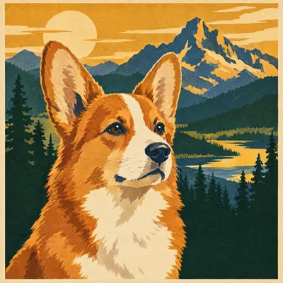 A Pembroke Welsh Corgi drawn in our National park poster style