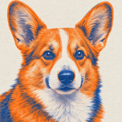 A Pembroke Welsh Corgi drawn in our Risograph print style