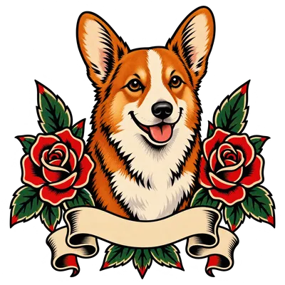 A Pembroke Welsh Corgi drawn in our Tattoo flash style