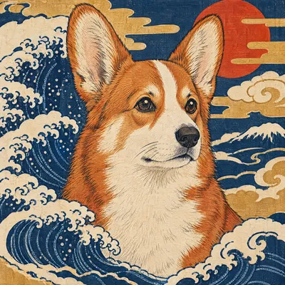 A Pembroke Welsh Corgi drawn in our Woodblock print style
