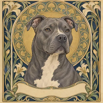 A Pit bull type drawn in our Art nouveau style