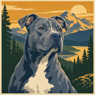 A Pit bull type drawn in our National park poster style