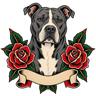 A Pit bull type drawn in our Tattoo flash style