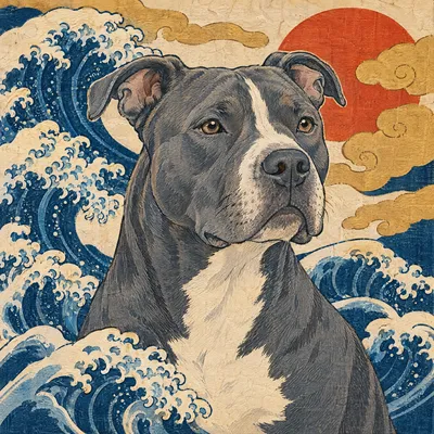 A Pit bull type drawn in our Woodblock print style