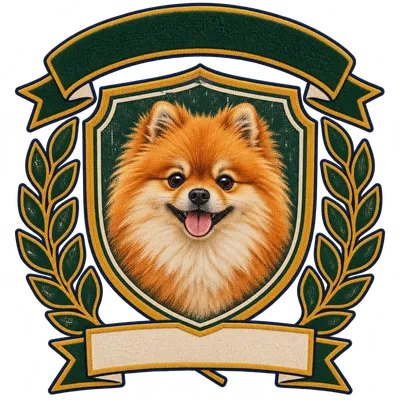 A Pomeranian drawn in our Varsity crest style