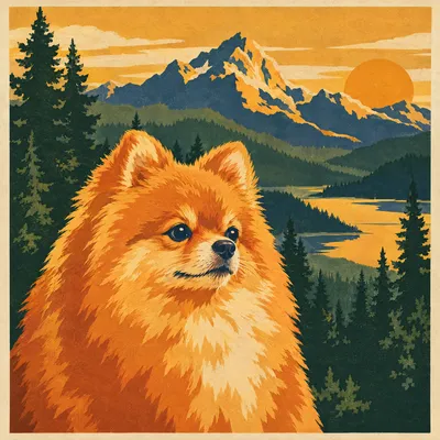 A Pomeranian drawn in our National park poster style