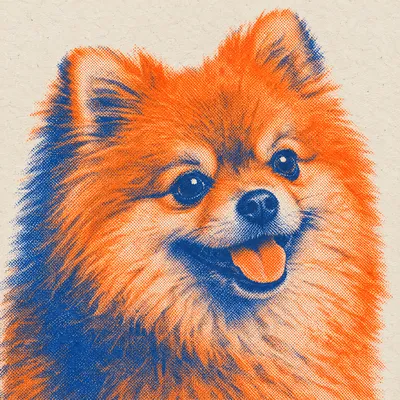 A Pomeranian drawn in our Risograph print style