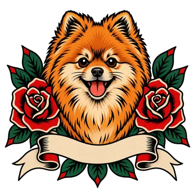 A Pomeranian drawn in our Tattoo flash style